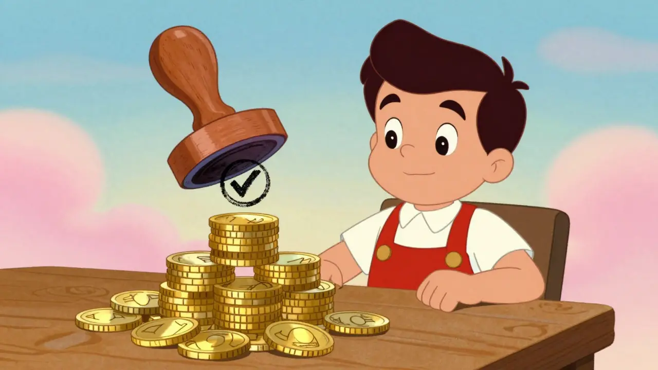 Investor stacking coins beside official seal stamp.