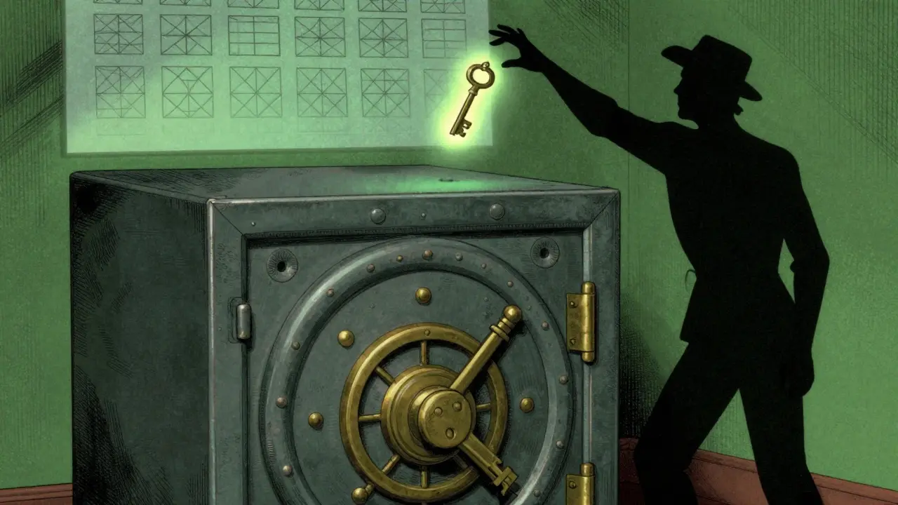 Iron safe box with floating key and shadow figure destroying it.