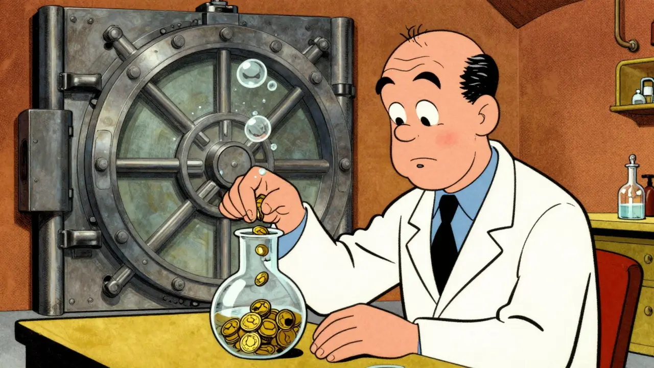 Scientist testing small gold coins in lab beaker near vault.