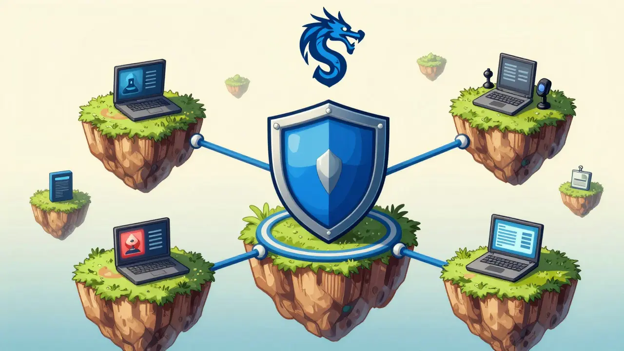 Secure network islands protected by a shield and blue dragon emblem.