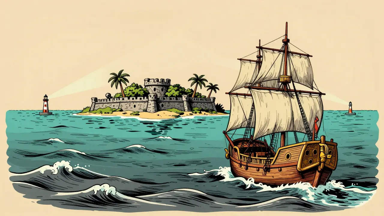 Ship approaching tropical island fortress on vintage nautical map.