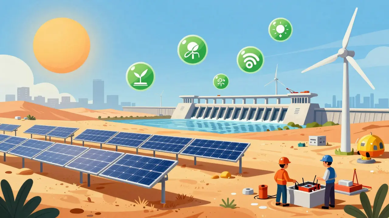 Solar panels and wind turbines near dam construction site in Angola