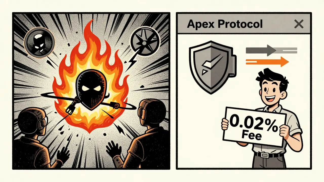 Split scene: chaotic hacked exchange vs calm Apex Protocol with low fees and secure wallet.