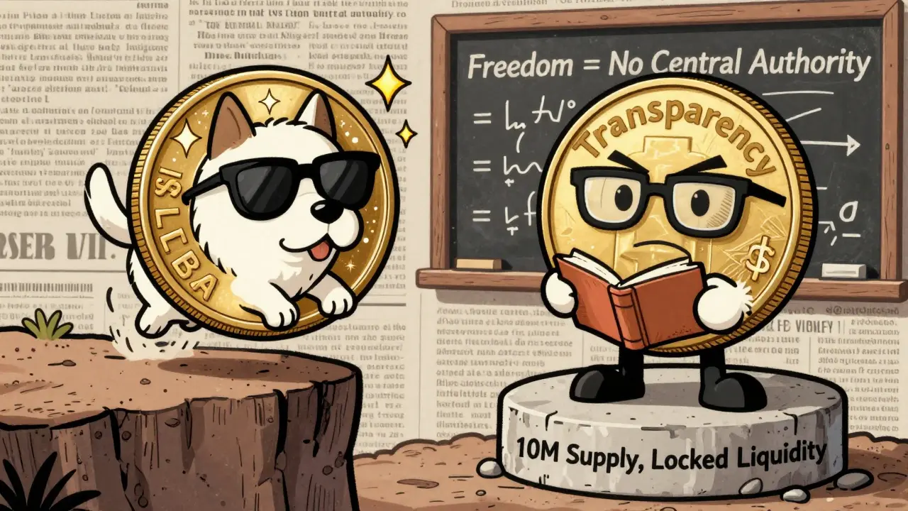 Two contrasting crypto coins: one tumbling off a cliff, the other standing firm on a transparency pedestal.