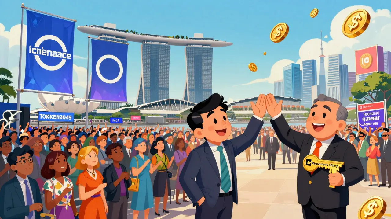 Vibrant vintage cartoon scene of TOKEN2049 conference with crypto leaders and MAS official celebrating regulatory clarity.
