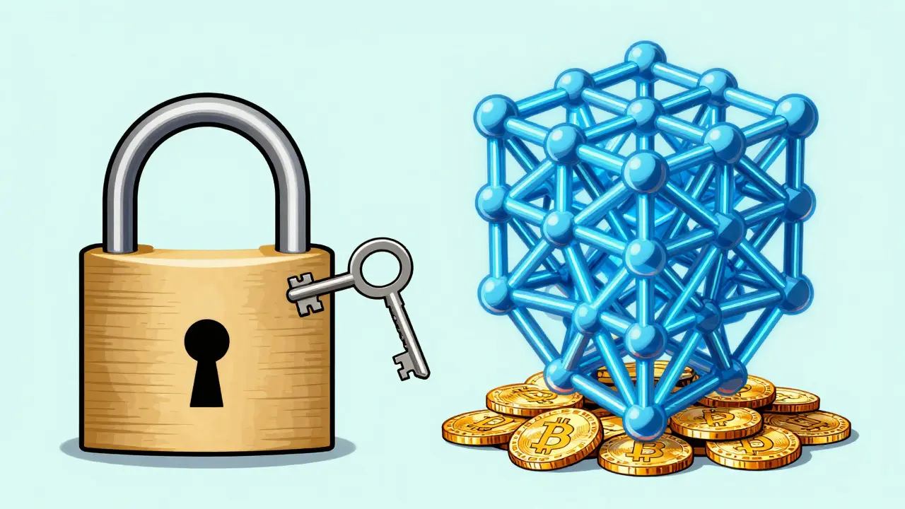 A complex 3D geometric lattice shielding gold Bitcoins from a simple key