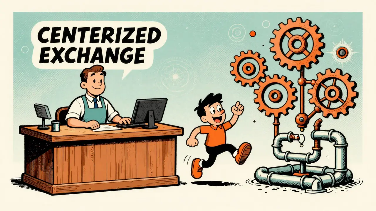 A split scene showing a traditional trading counter and floating mechanical gears.
