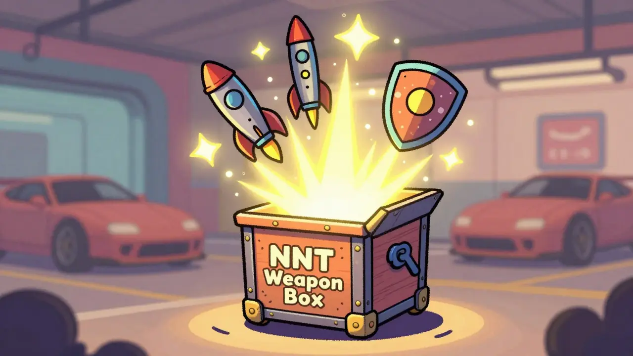 A stylized cartoon character opening a glowing NFT Weapon Box.