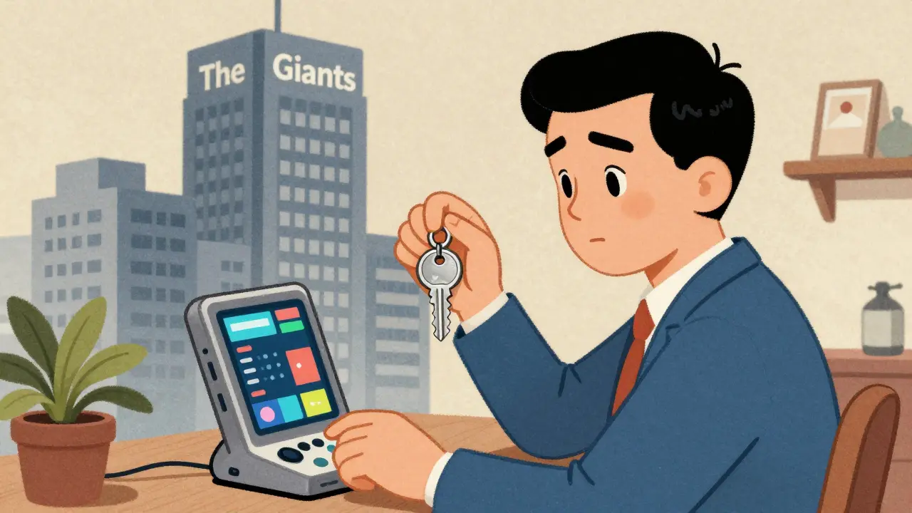 An investor holding a security key while looking at a small trading device near a corporate building.