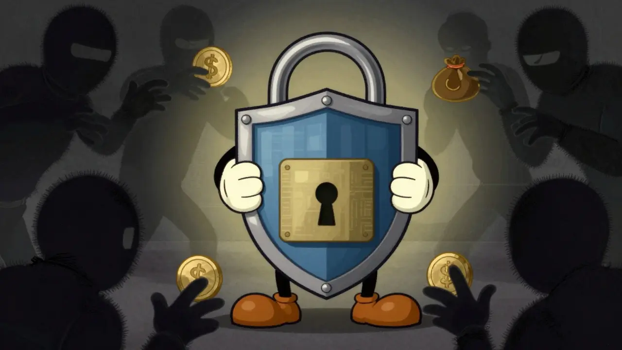 Cartoon character shielding a digital wallet from shadowy scammer figures with a padlock.