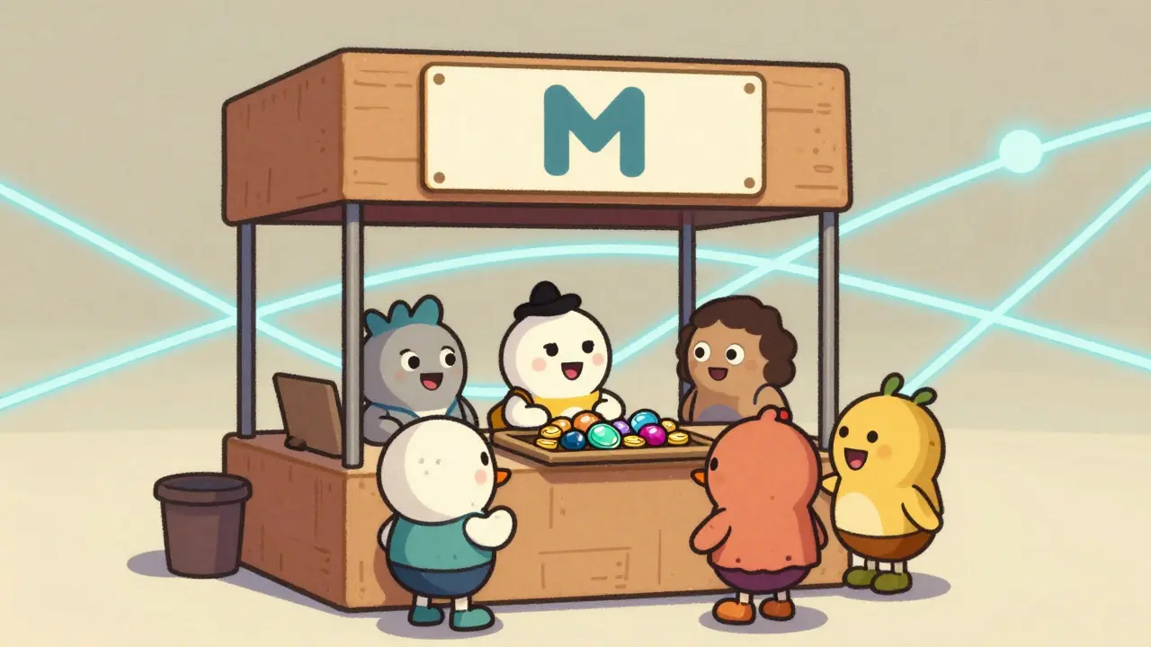 Cartoon characters at a small digital market booth with a few colorful crypto coins.
