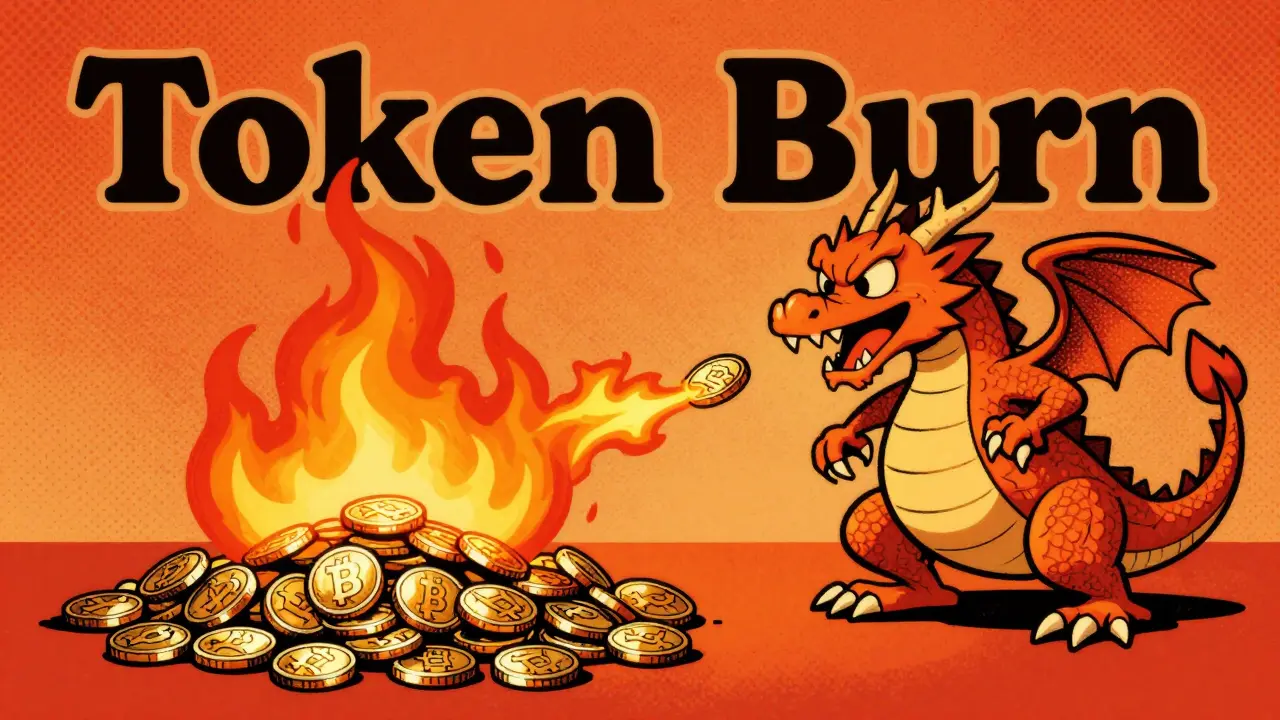 Cartoon dragon breathing fire to melt coins, illustrating a token burn mechanism.