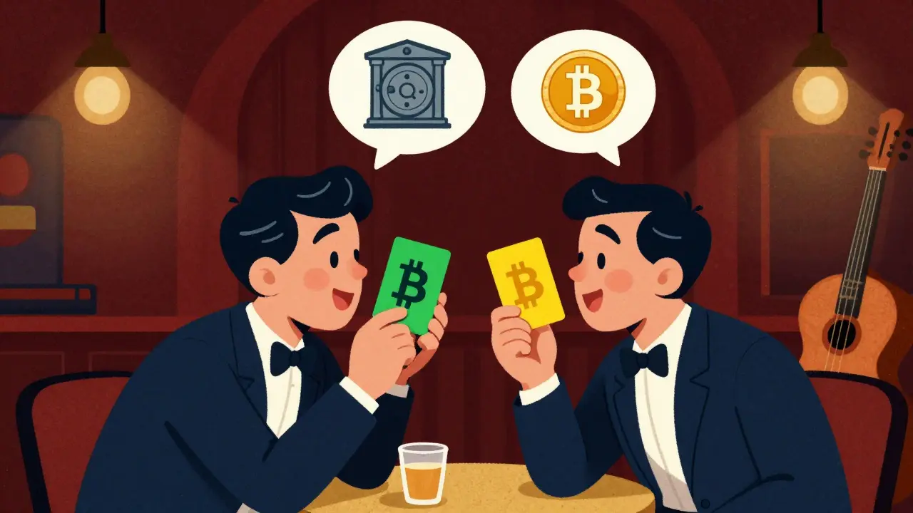 Cartoon illustration of two people using green and yellow cards to signal banks.