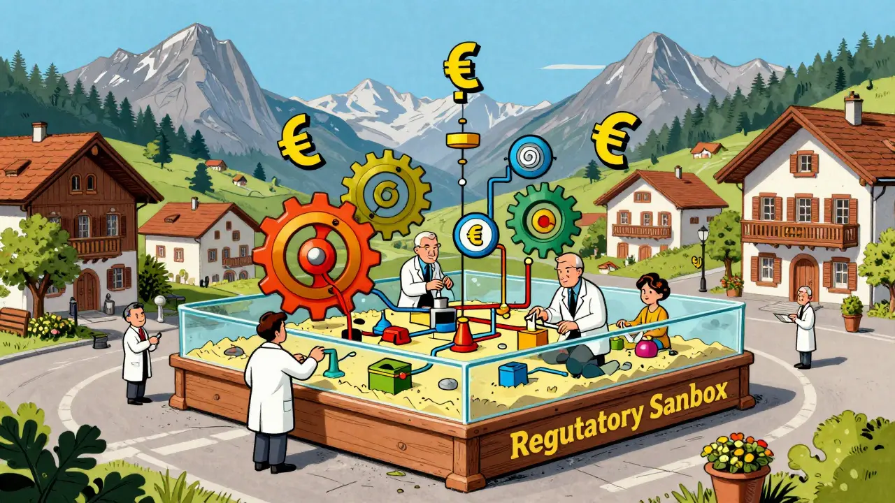 Cartoon of a regulatory sandbox for DeFi applications in a Swiss village