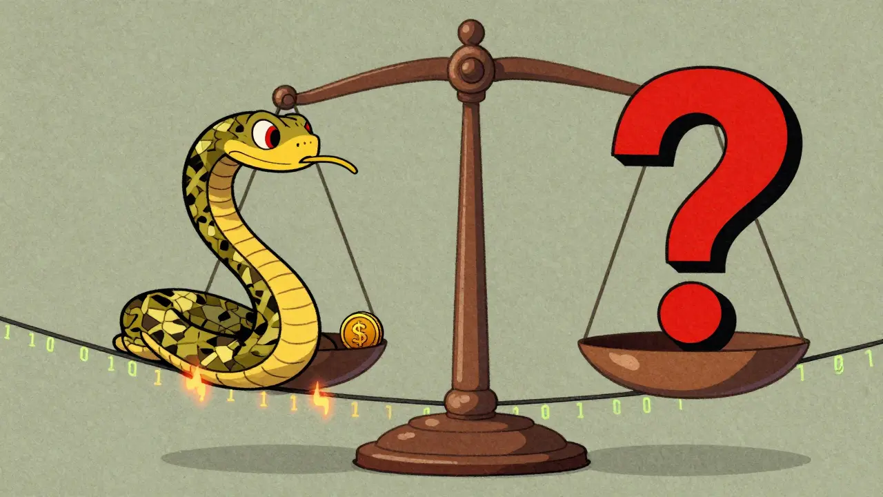 Cartoon snake balancing on a digital tightrope with an unbalanced scale
