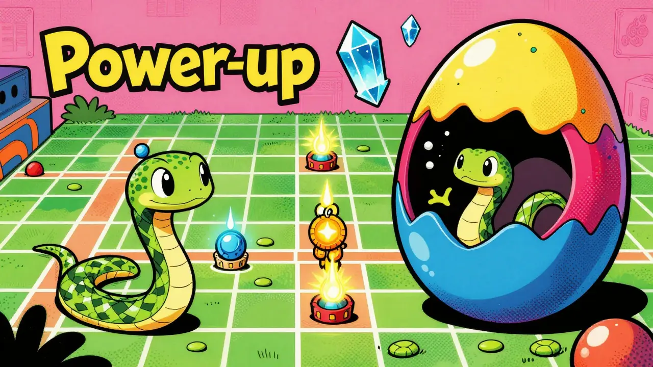 Cartoon snake in a gaming arena collecting tokens and hatching an egg