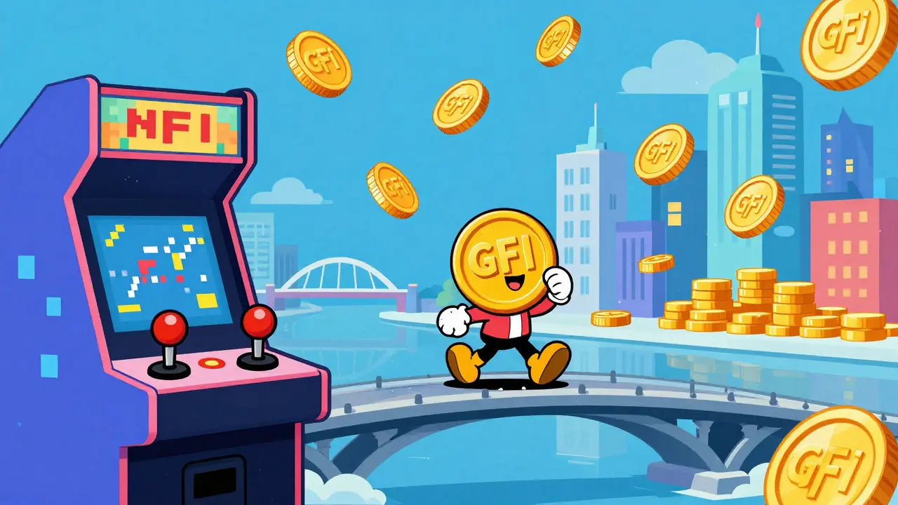 Character walking across a bridge from a gaming world to a financial city