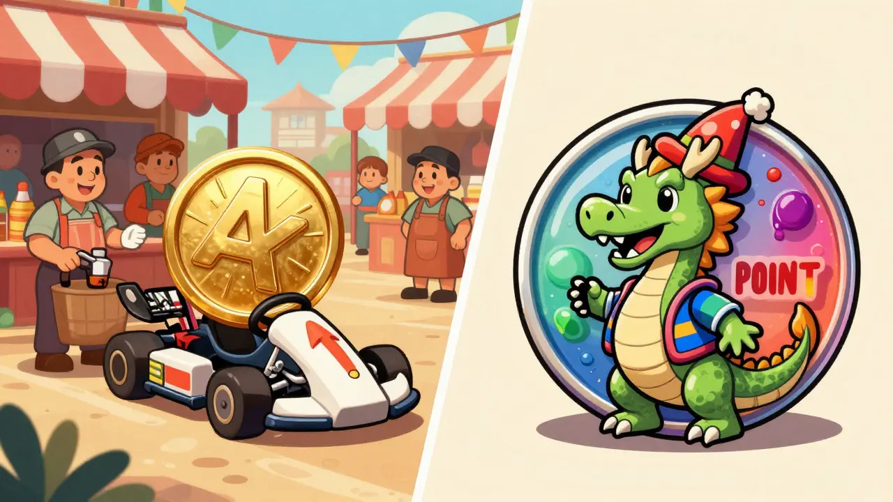Comparison of KART and POINT tokens in a vintage cartoon market.