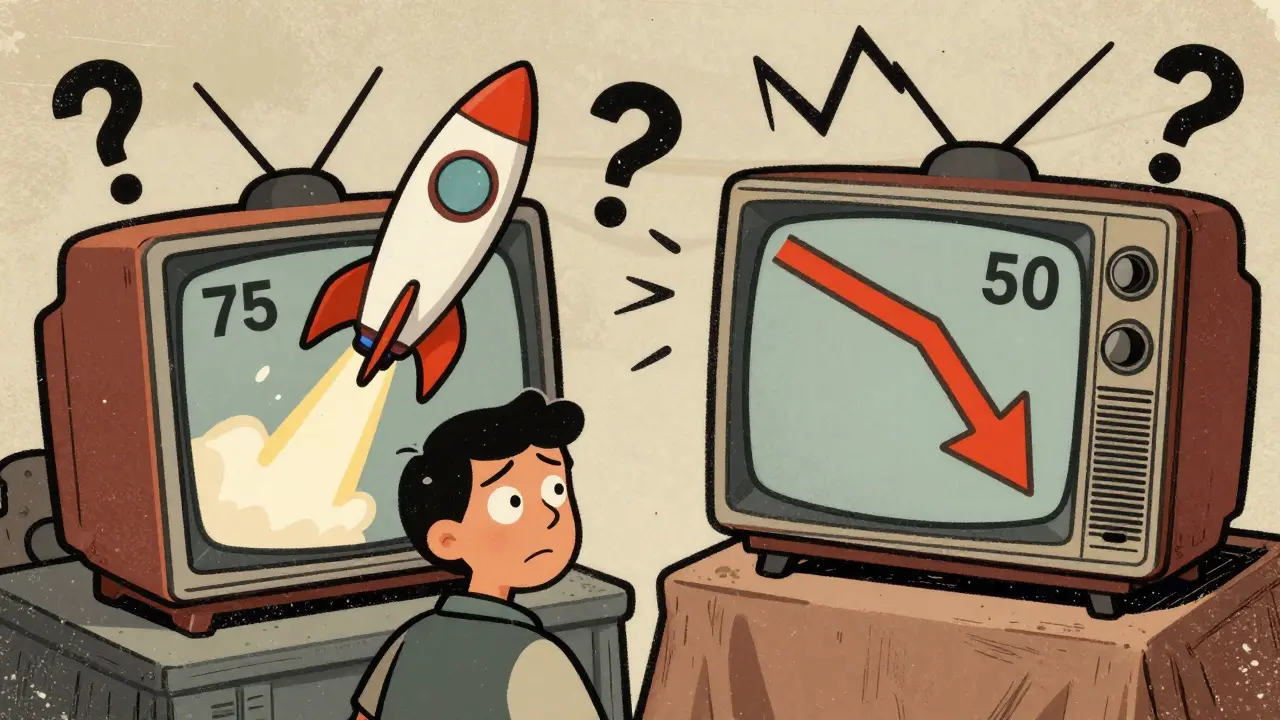 Confused character looking at two screens with conflicting cryptocurrency price data.