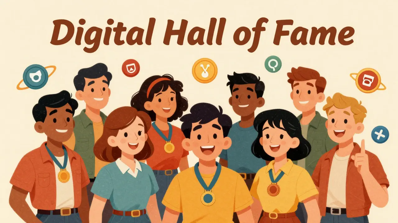 Group of happy fans with digital attendance badges floating around them in vintage cartoon style