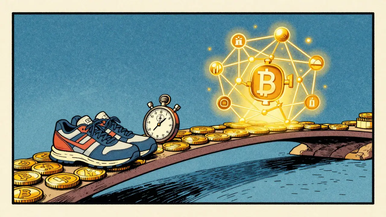 Illustration showing a bridge connecting running shoes to a digital blockchain network.