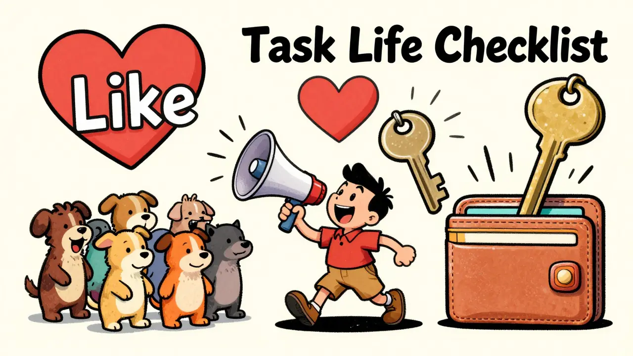 Retro cartoon character completing social media tasks to earn rewards.