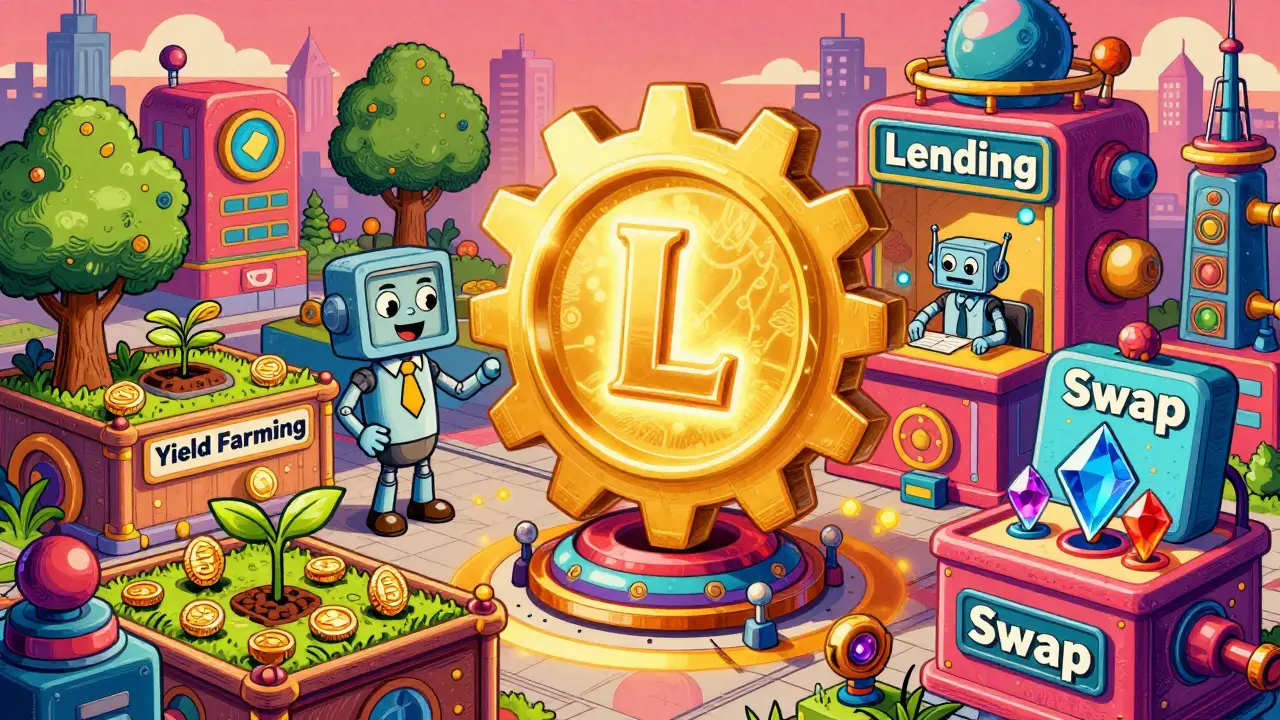 Retro illustration of a DeFi hub with coin trees and mechanical trading tools.