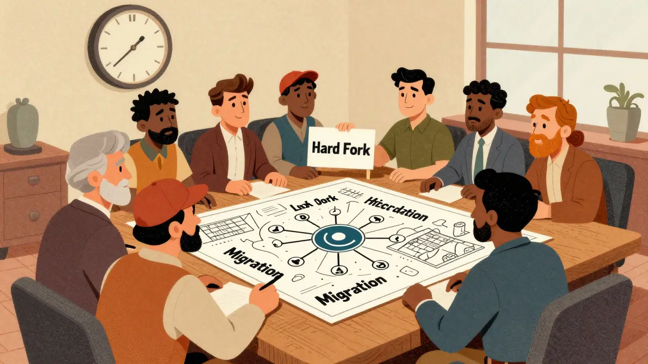 Stylized people debating blockchain upgrades around a table with a 2030 deadline clock
