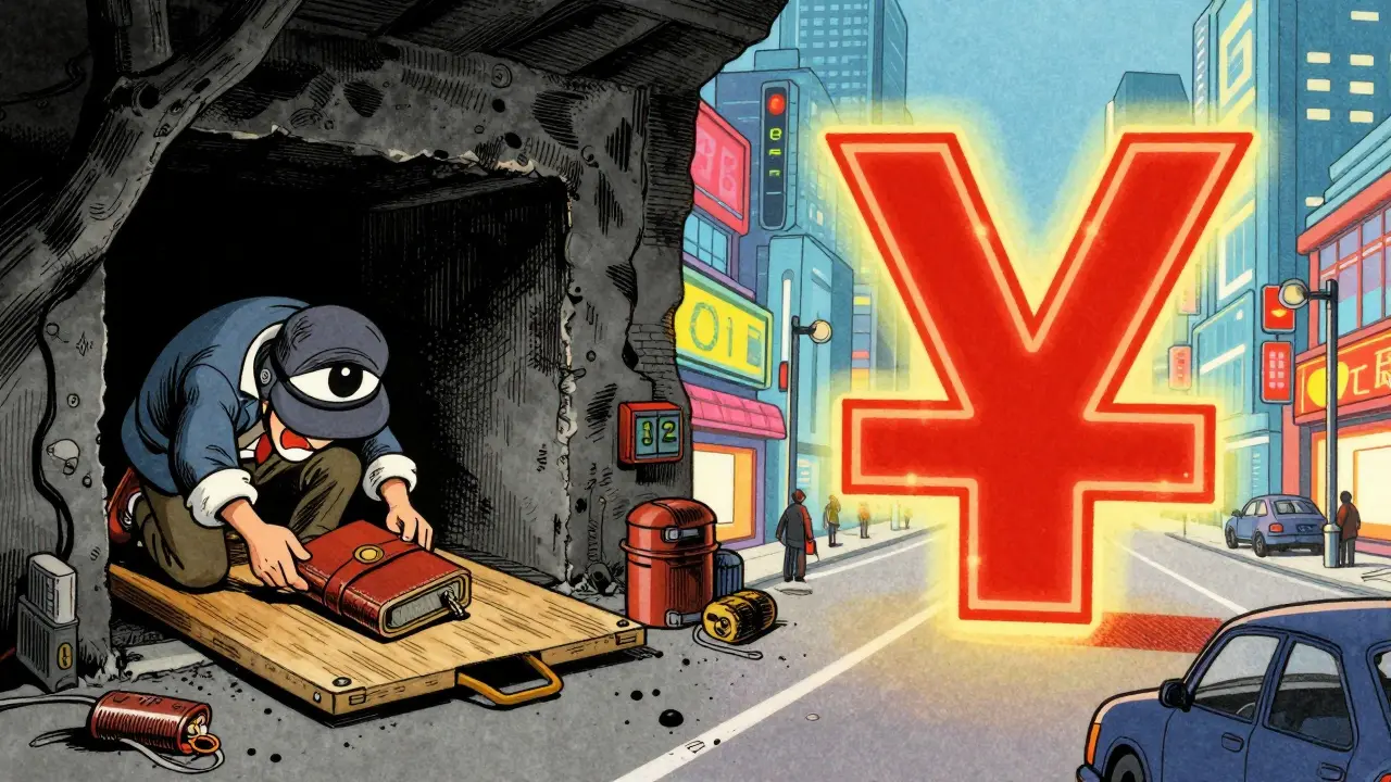 Vintage cartoon contrasting a hidden crypto wallet with a dominant digital yuan symbol.