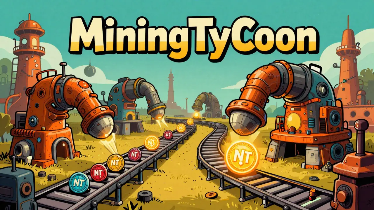 Vintage cartoon illustration of a whimsical MiningTycoon factory with NFTs and tokens.