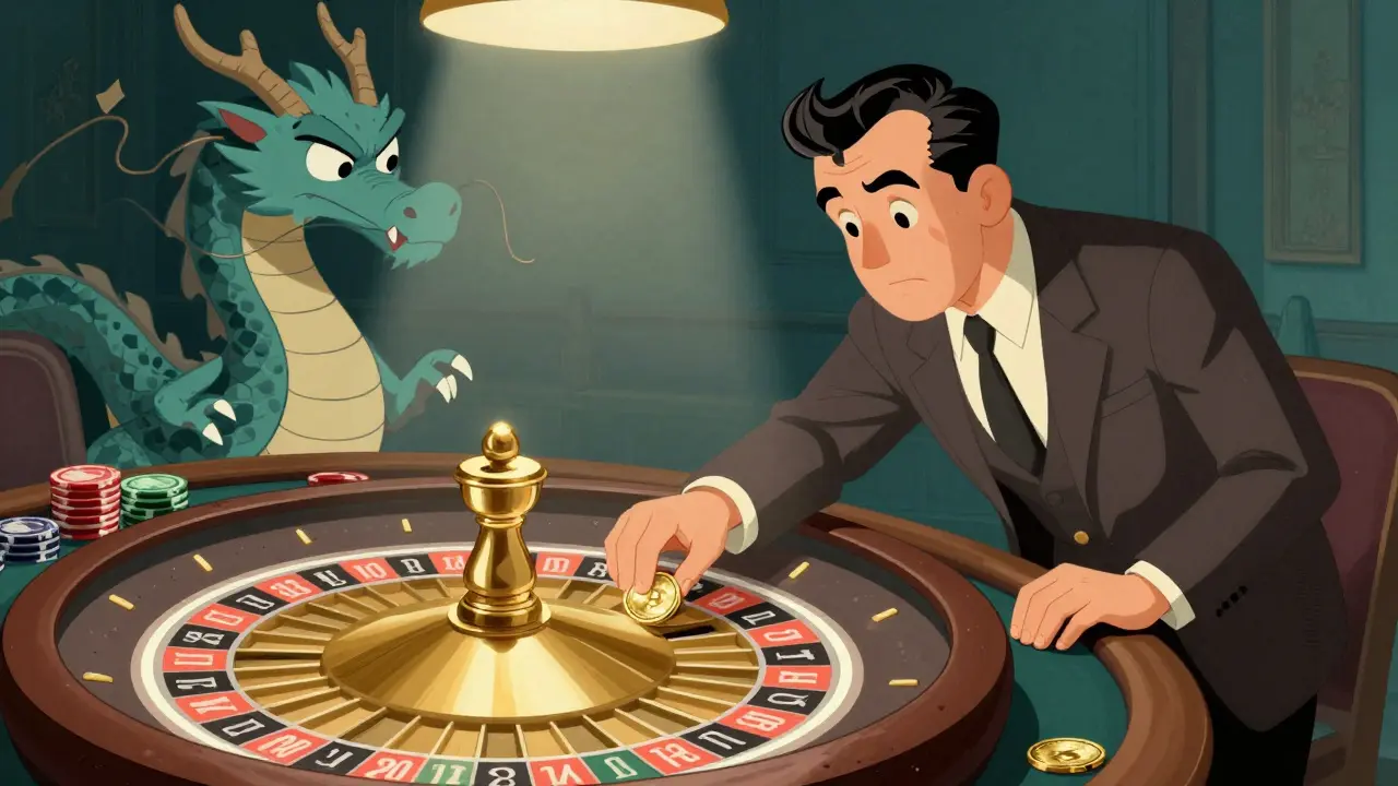Vintage cartoon man gambling with a crypto coin on a glowing roulette wheel.
