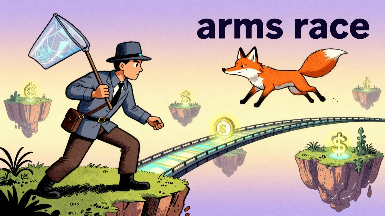 Vintage cartoon of a detective chasing a digital fox across blockchain bridges.