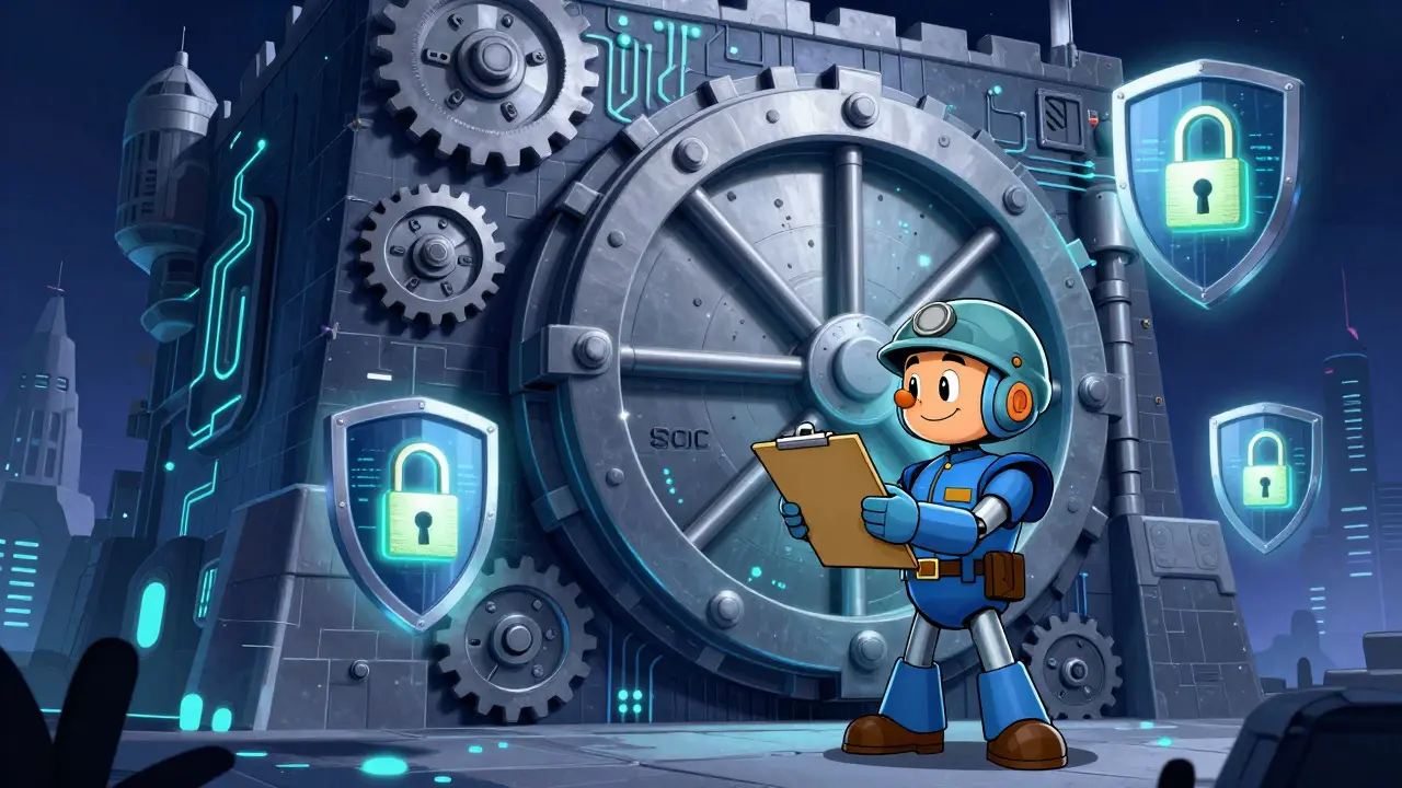 Vintage cartoon of a high-tech fortress and robot guard protecting a digital vault.