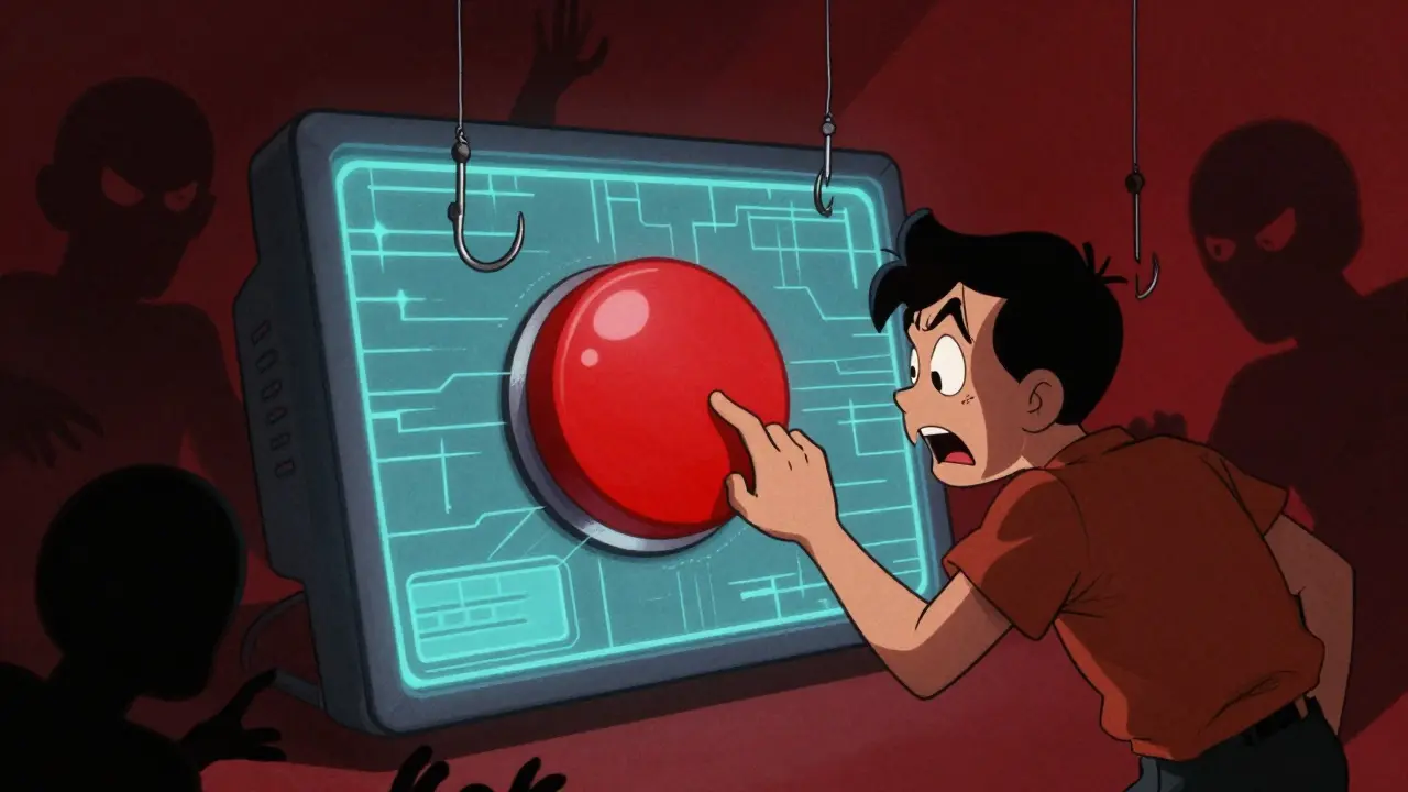 Vintage cartoon of a person facing a phishing scam with a giant red button and fishing hooks.