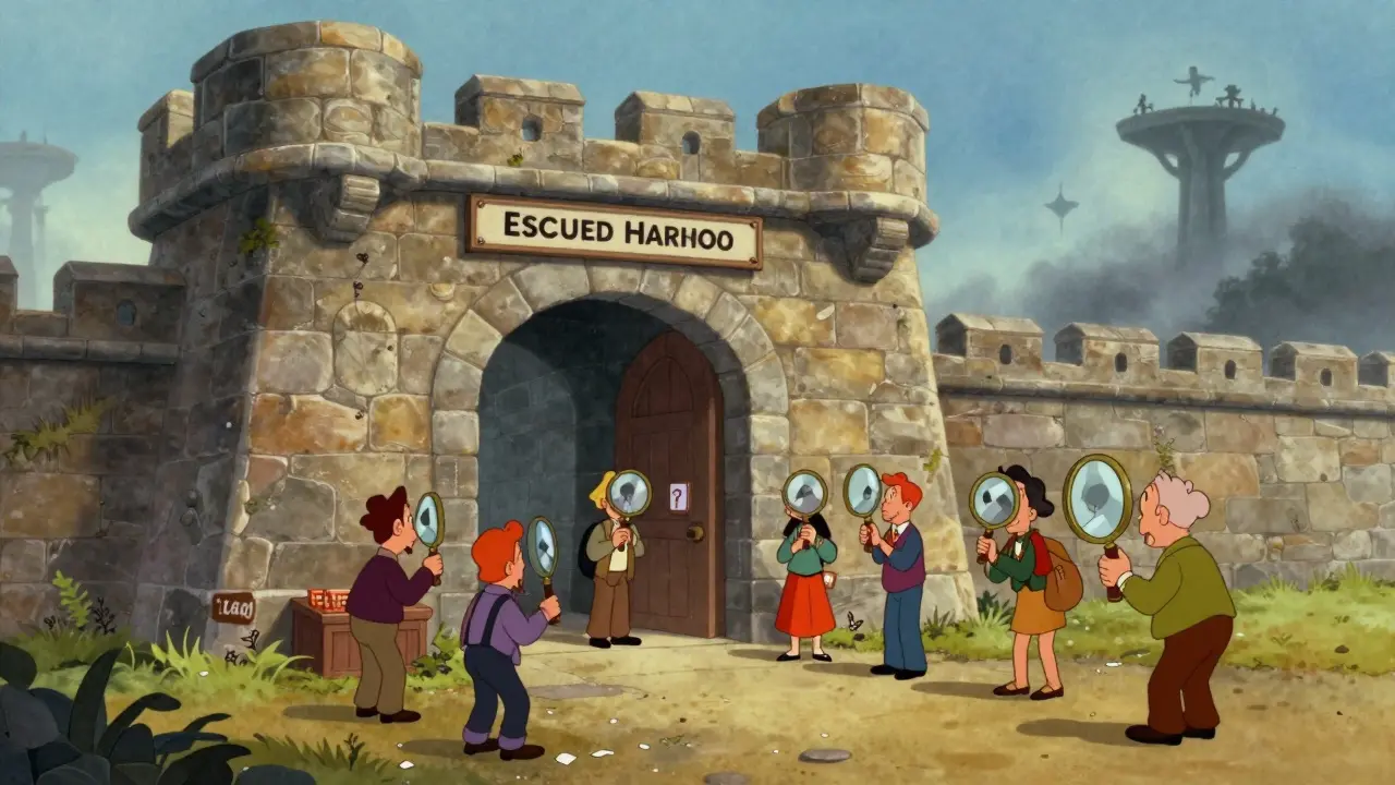 Vintage cartoon of a sturdy stone fortress representing a secure exchange