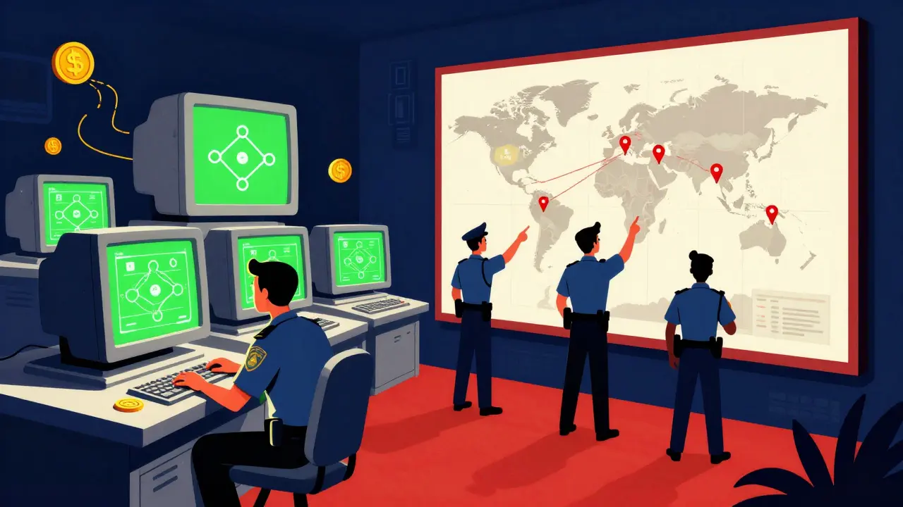 Vintage cartoon of agents in a war room with retro computers tracing global crypto transactions.