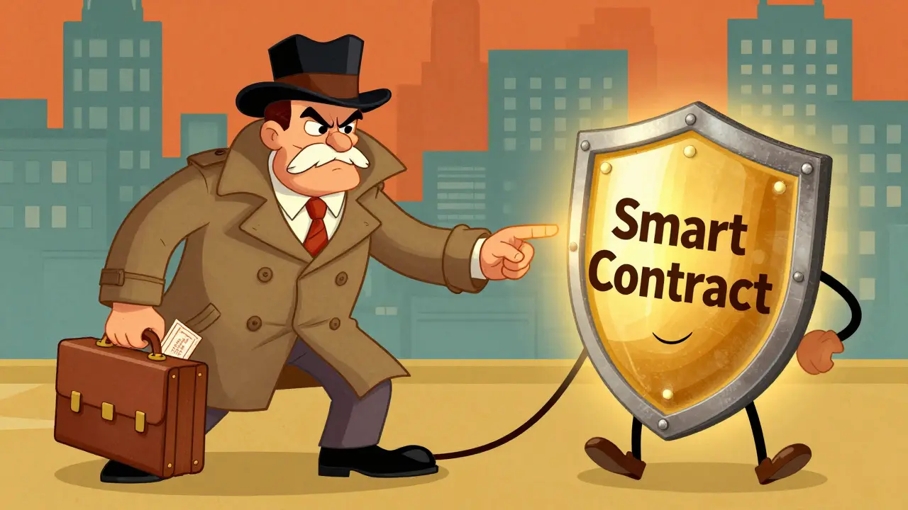 Vintage cartoon scene showing a smart contract shield blocking a ticket scalper