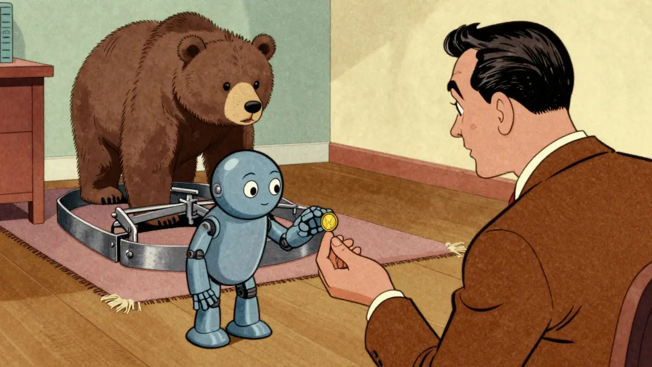 Vintage cartoon showing a deceptive small reward hiding a large trap