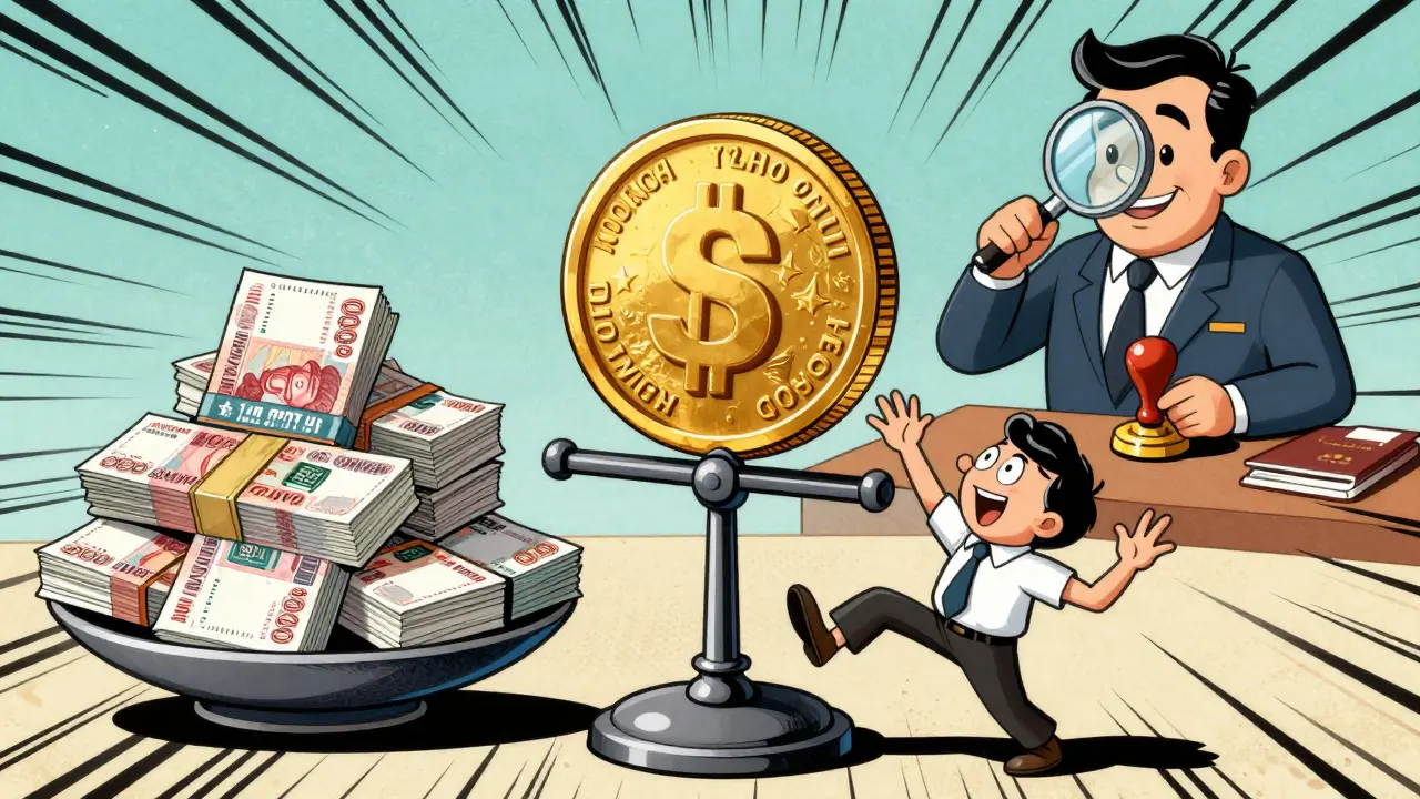 Vintage cartoon showing a golden coin being weighed against a pile of rubles.