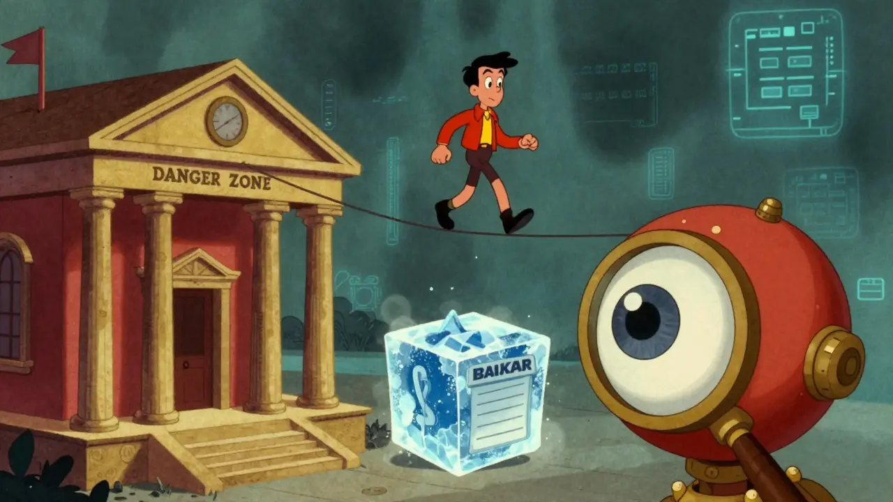 Vintage cartoon showing a man on a tightrope being watched by a giant bank monitoring eye.