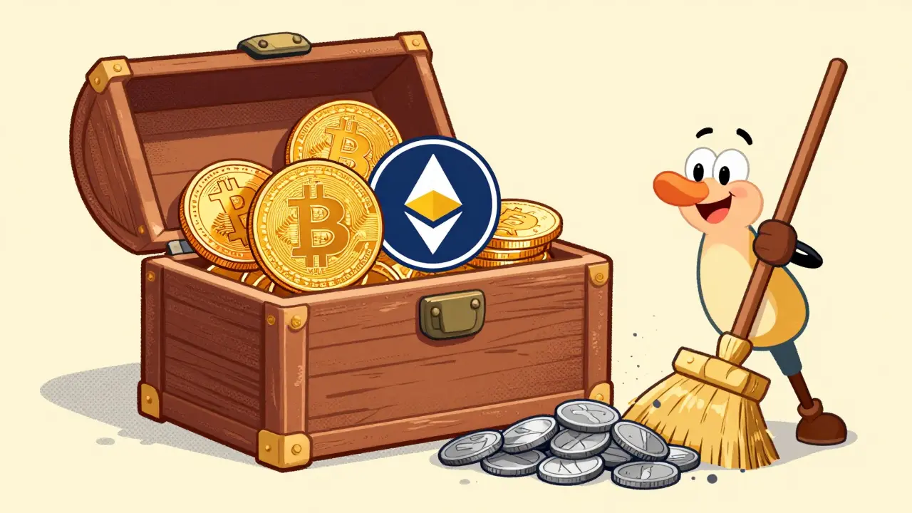 Vintage cartoon showing high-quality crypto coins in a chest while junk coins are swept away.