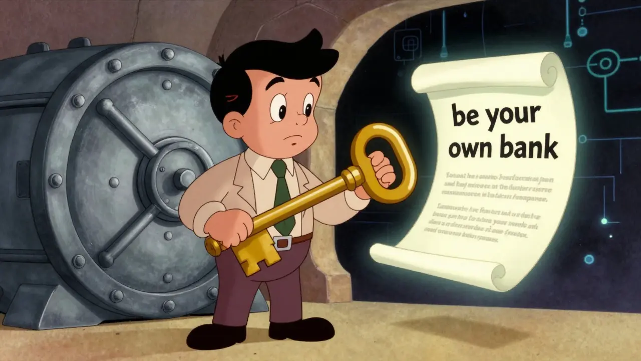 Vintage cartoon trader holding a large golden key while looking at a digital contract.