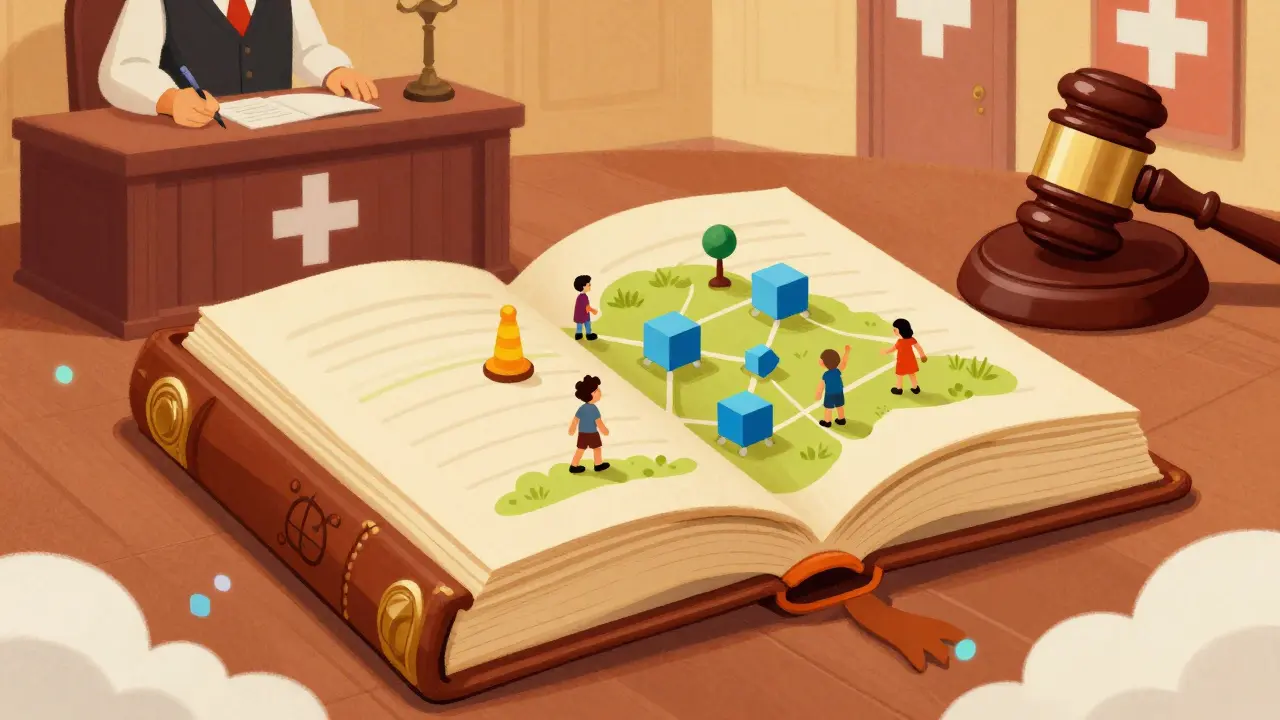 Vintage illustration of digital assets interacting within a legal framework