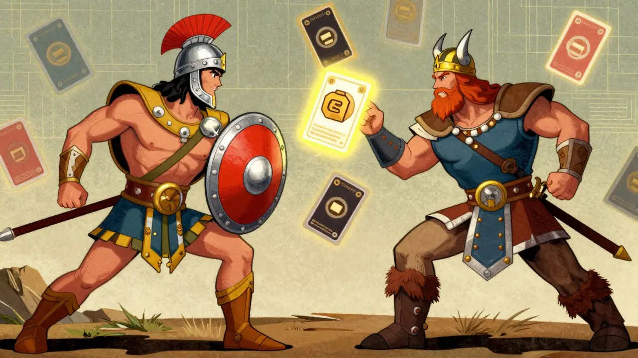 Vintage illustration of Greek and Norse mythological heroes battling over floating NFT cards.