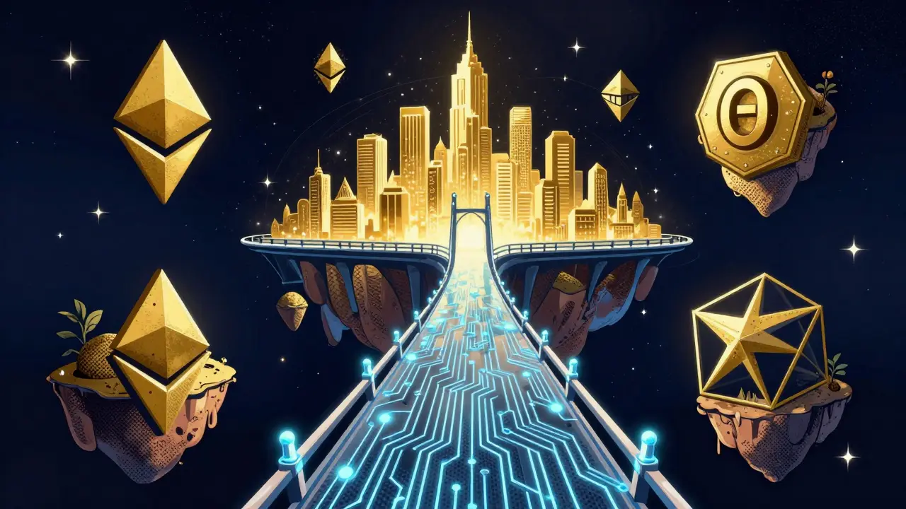 Vintage style bridge connecting blockchain islands to a golden city.