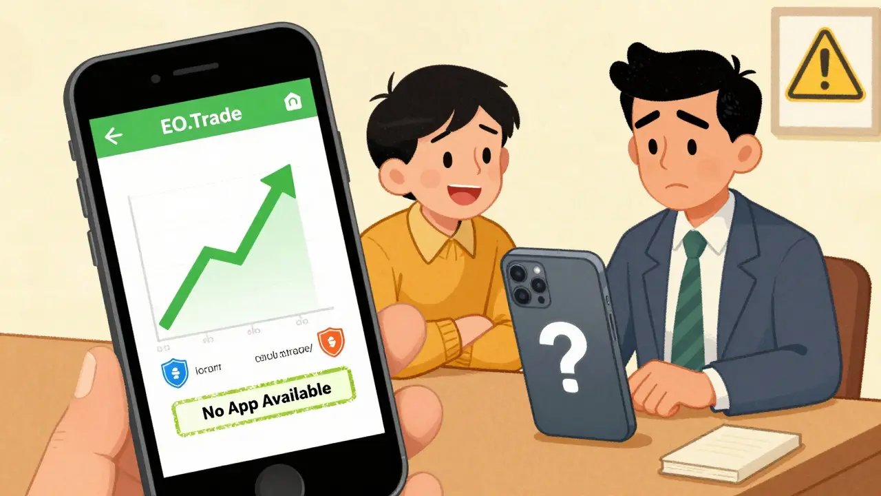 Android phone showing trading app next to an iPhone with no app available