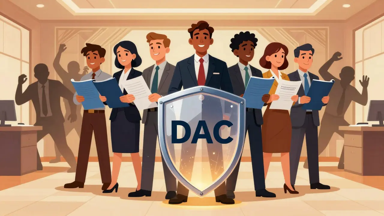 Business team protected by a DAC security shield