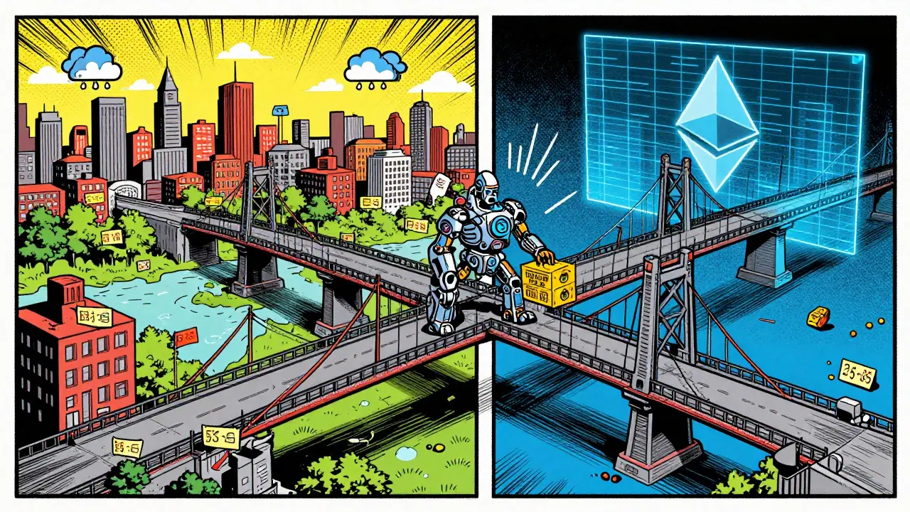 Cartoon bridge connecting the real world to the blockchain via an oracle.