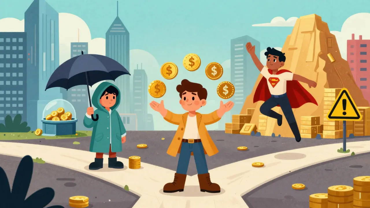 Cartoon characters choosing different DeFi risk paths at a crossroad