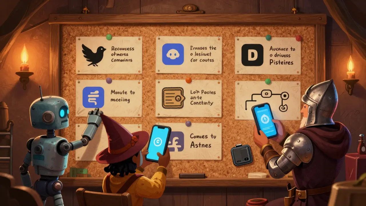 Cartoon characters completing crypto quests on a whimsical task board